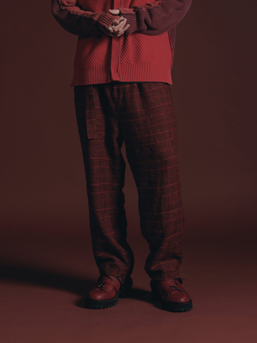 WOOL/LINEN RED PLAID WIDE TROUSERS