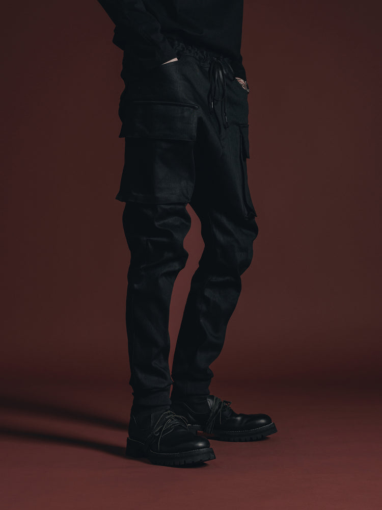 
                  
                    BLACK DENIM CARGO PANTS
                  
                