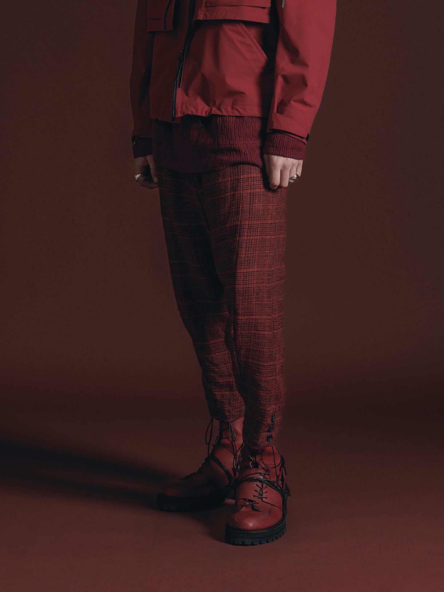 
                  
                    WOOL/LINEN RED PLAID DROP CROTCH TROUSERS
                  
                