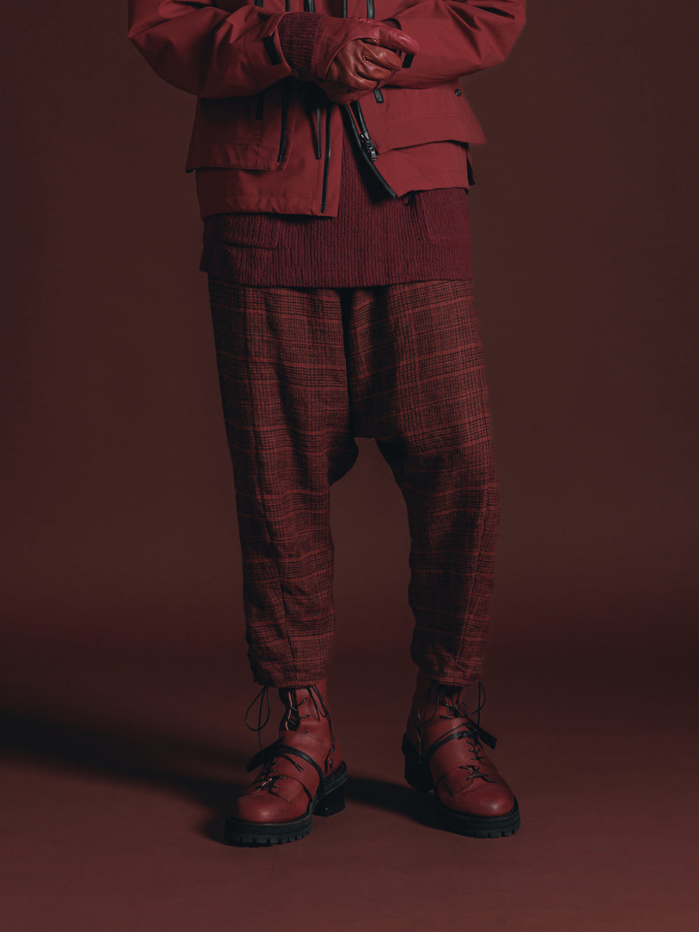 WOOL/LINEN RED PLAID DROP CROTCH TROUSERS