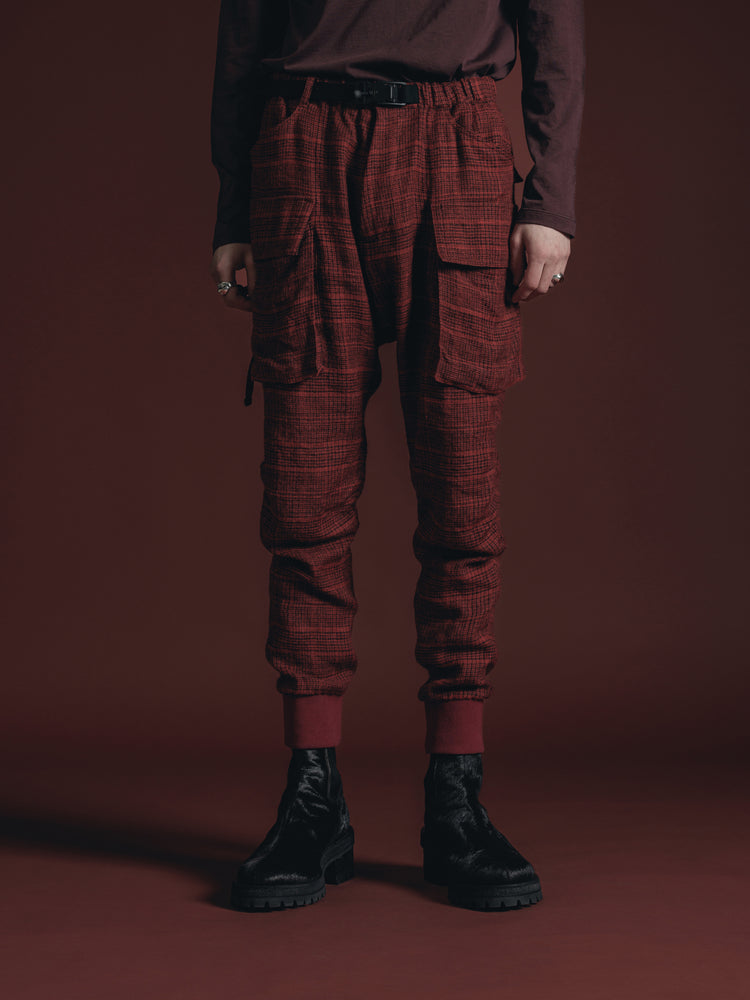 
                  
                    WOOL/LINEN RED PLAID CARGO PANTS
                  
                