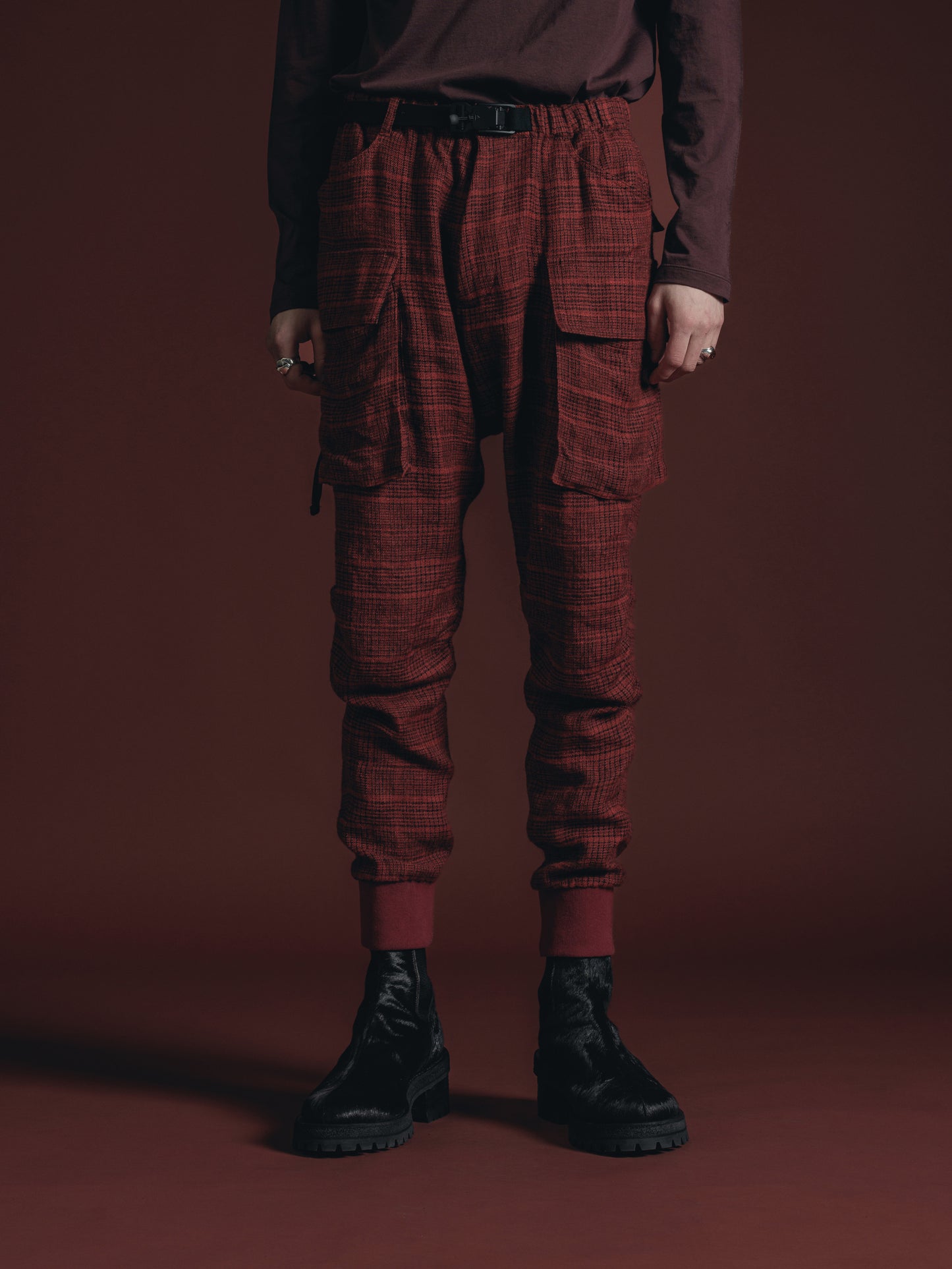 
                  
                    WOOL/LINEN RED PLAID CARGO PANTS
                  
                
