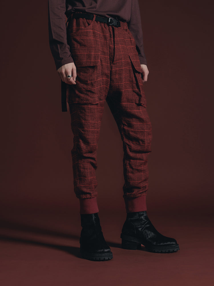 
                  
                    WOOL/LINEN RED PLAID CARGO PANTS
                  
                