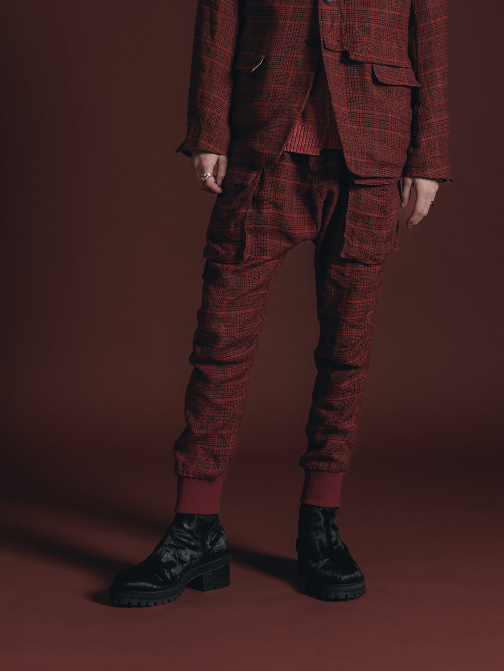 WOOL/LINEN RED PLAID CARGO PANTS