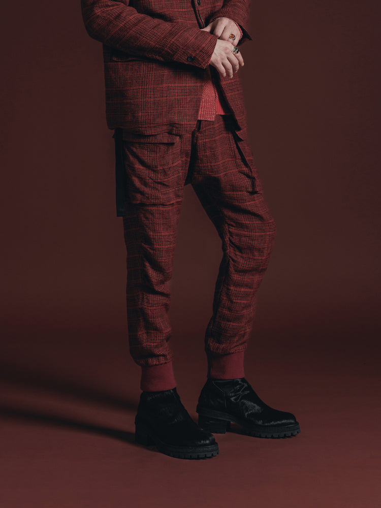 
                  
                    WOOL/LINEN RED PLAID CARGO PANTS
                  
                