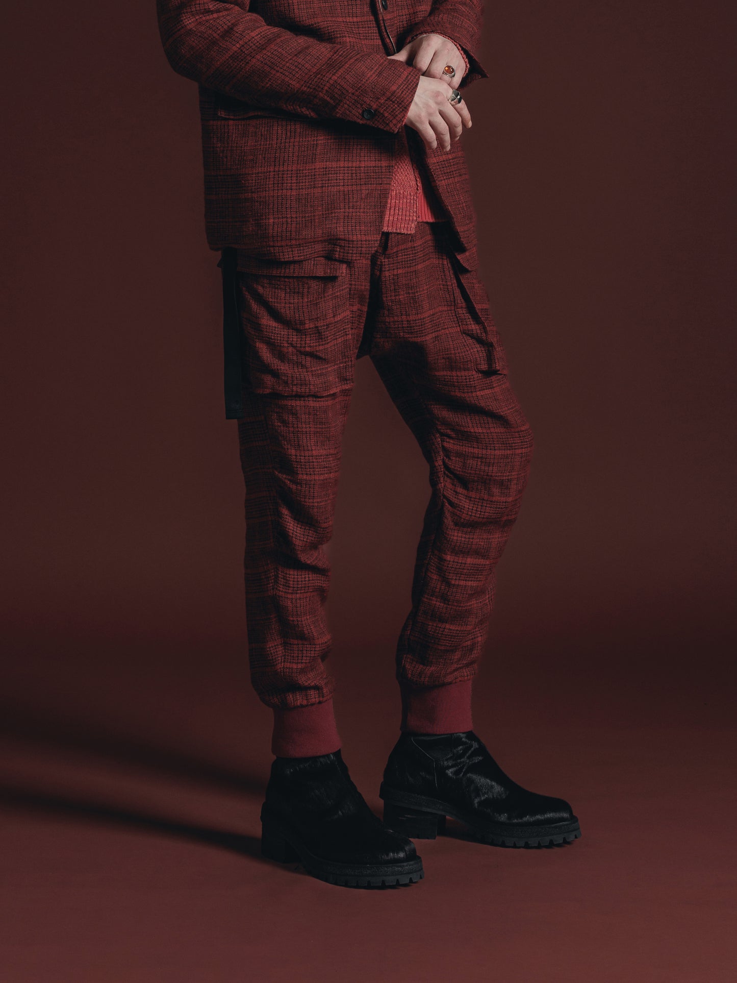 
                  
                    WOOL/LINEN RED PLAID CARGO PANTS
                  
                