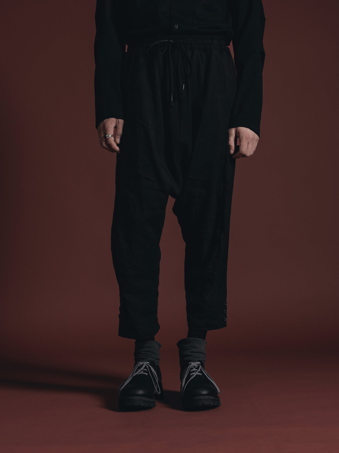 
                  
                    WOOL/LINEN DROP CROTCH TROUSERS
                  
                