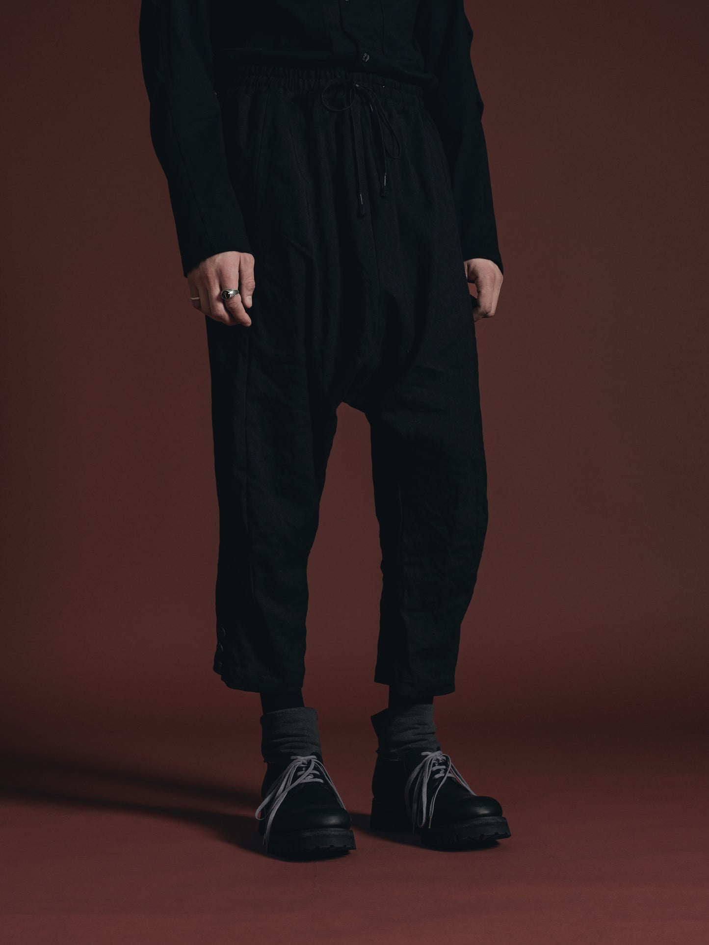 
                  
                    WOOL/LINEN DROP CROTCH TROUSERS
                  
                