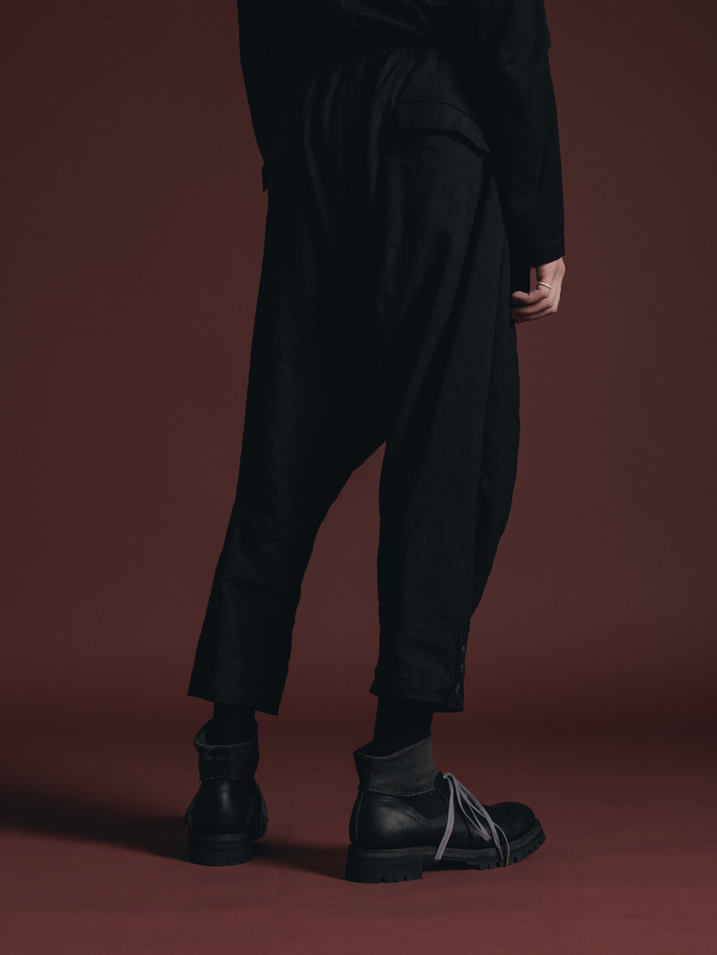 
                  
                    WOOL/LINEN DROP CROTCH TROUSERS
                  
                